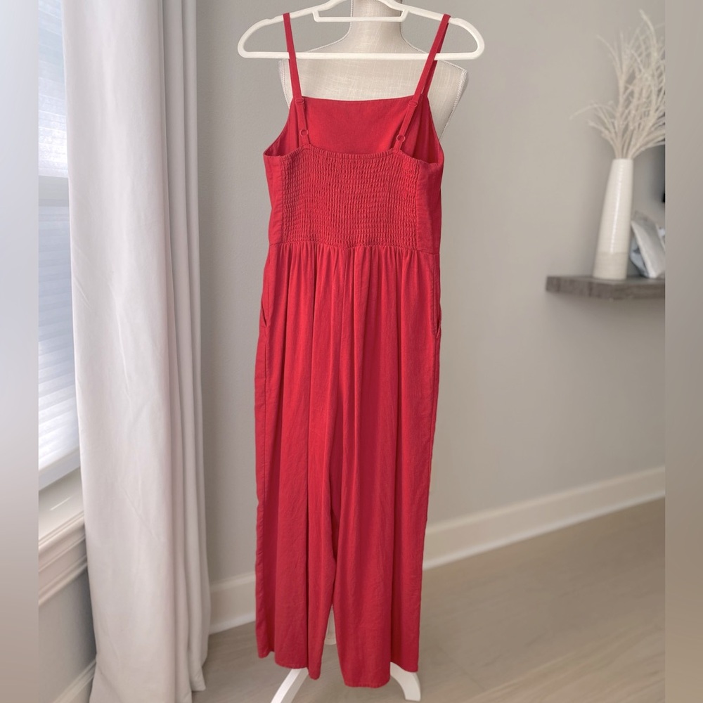 Old Navy Linen Blend Red Jumpsuit Smocked Back Wide Leg Size Small - Picture 4 of 6